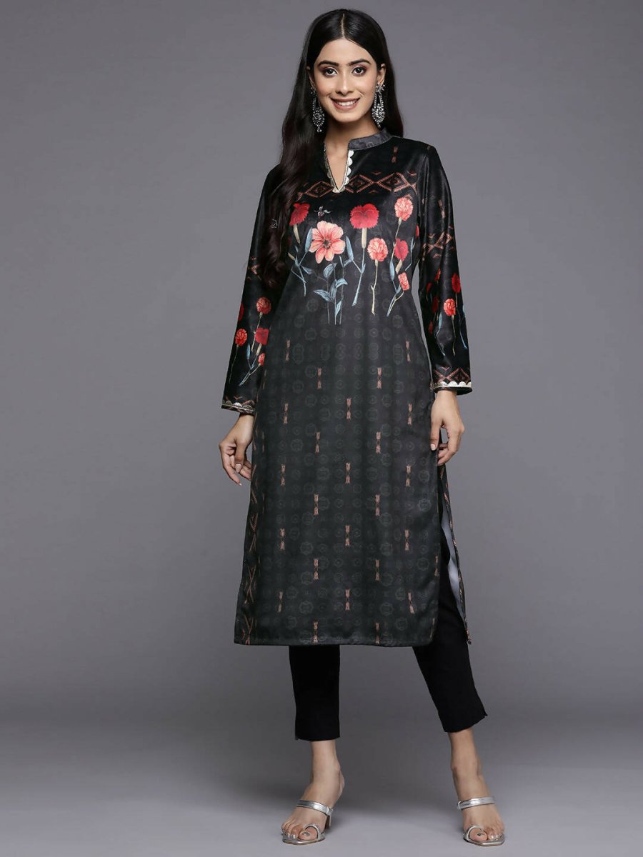 Ahalyaa Women Black & Red Floral Printed Gotta Patti Floral Velvet Kurta - Distacart
