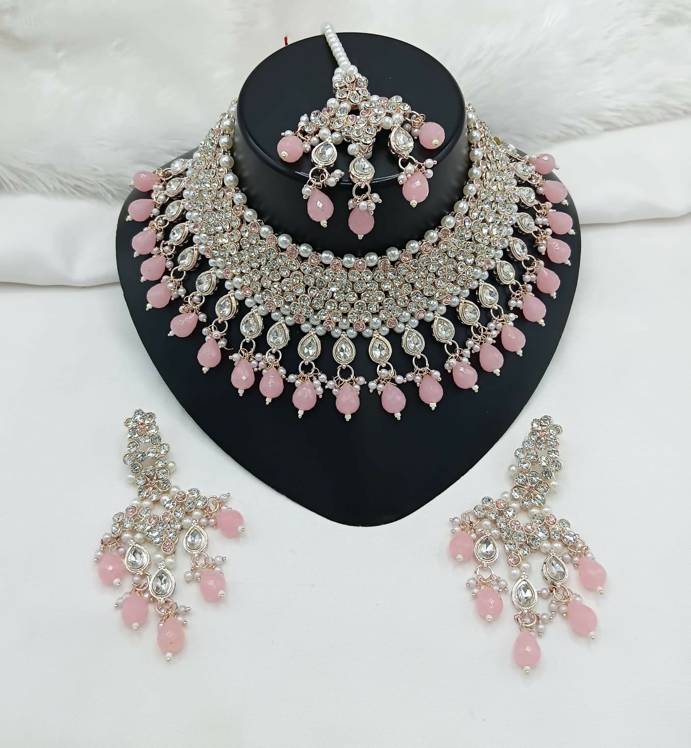 Joban Fashion Women Pink Stone Work Necklace Set
