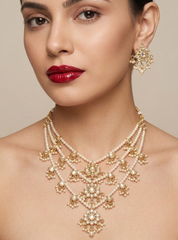 Jewel City Traditional Kundan & Pearl Layered Necklace Set - Handcrafted Ethnic Jewellery for Weddings - Distacart