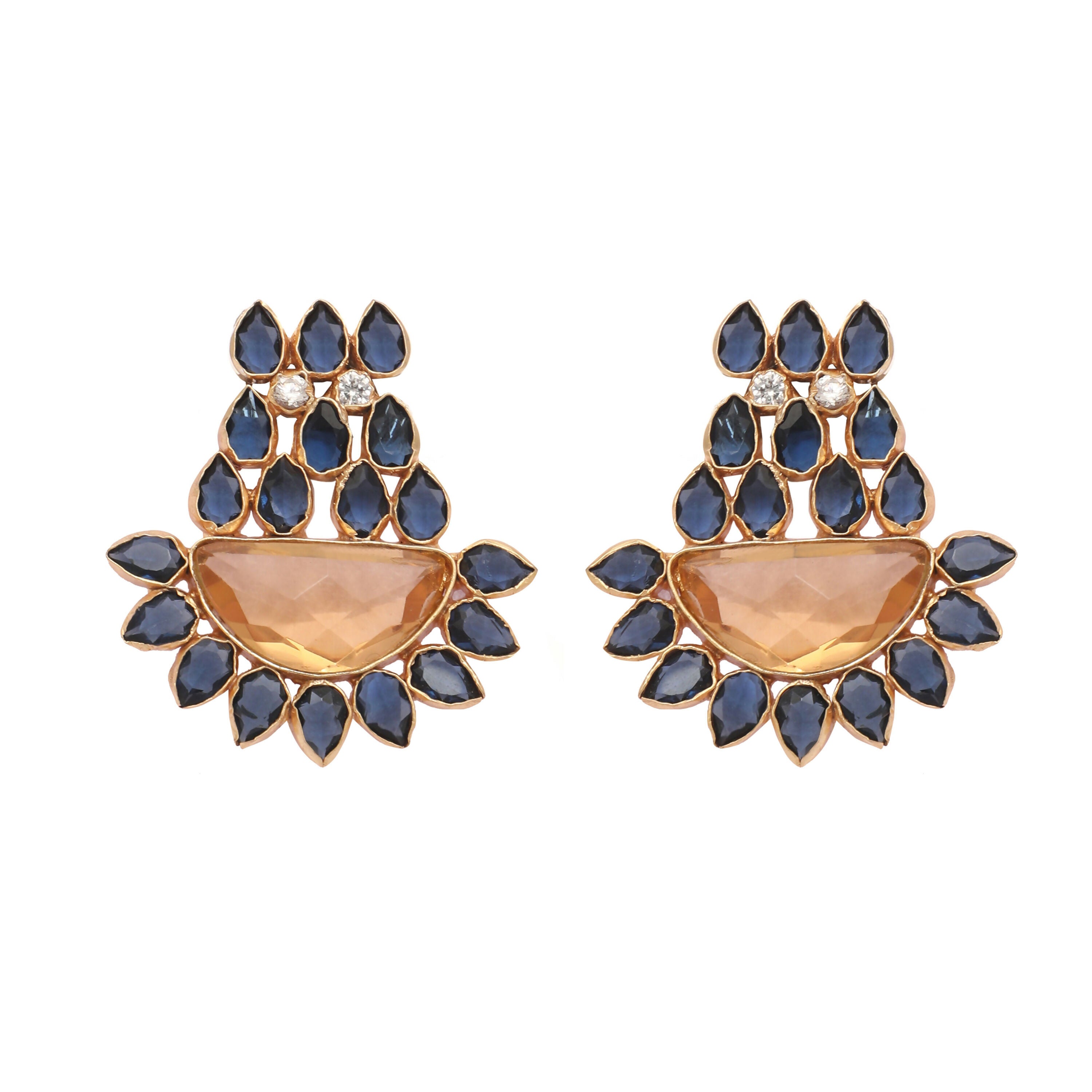 Nuyug 22K Gold Plated Crystal Studded Contemporary Floral Shaped Stud Earrings