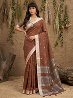 Thumbnail for Shree Shyam Fashion Brown Linen Cotton Saree - Distacart