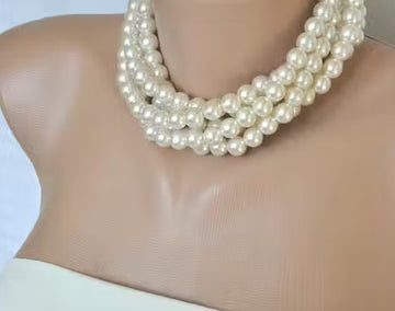 Jewel City White Multi-Strand Pearl Choker Necklace Set - Dista