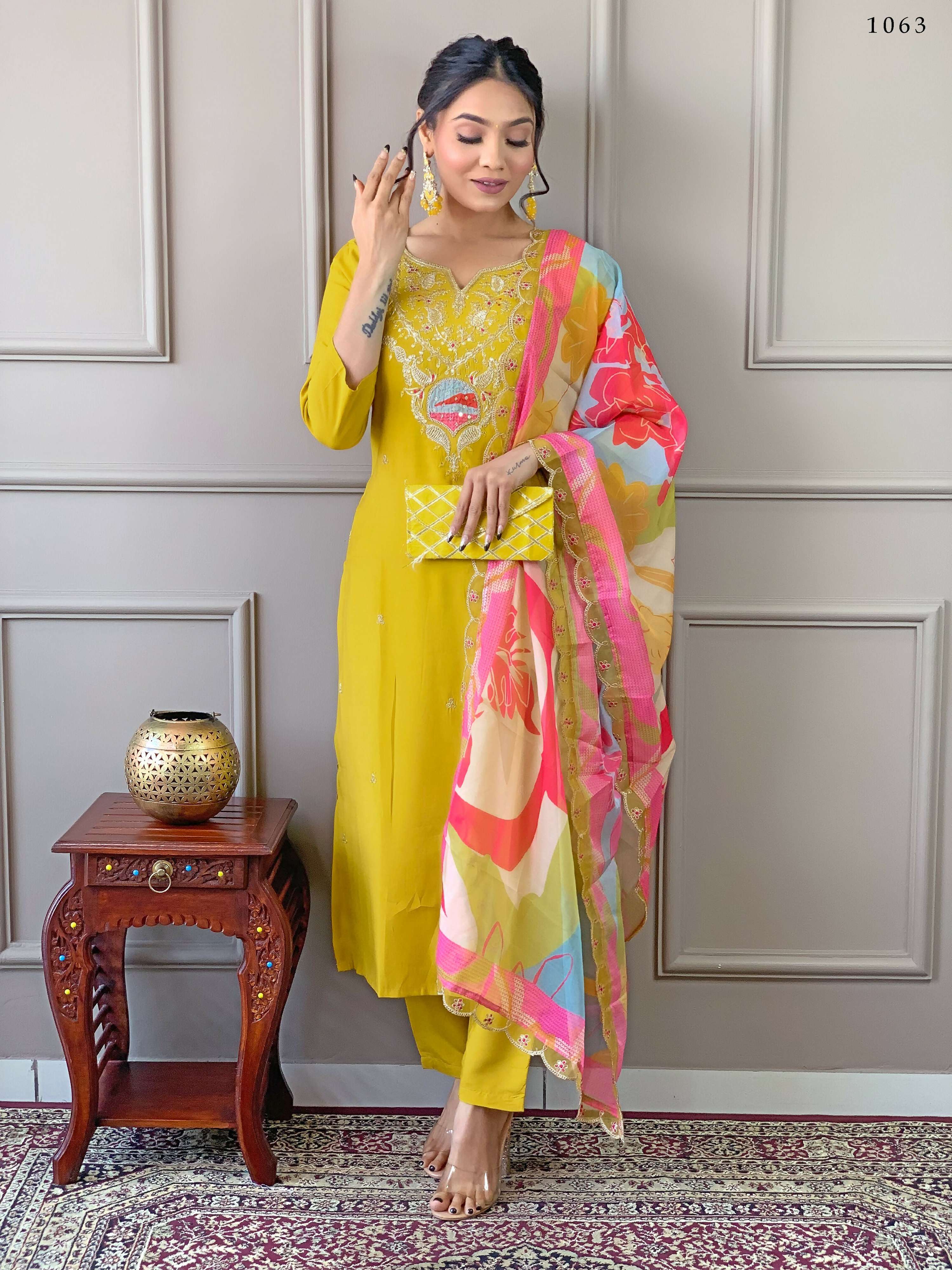 PartywearDesigner Viscose Yellow Stitched Suit With Dupatta - Tanisha - Distacart