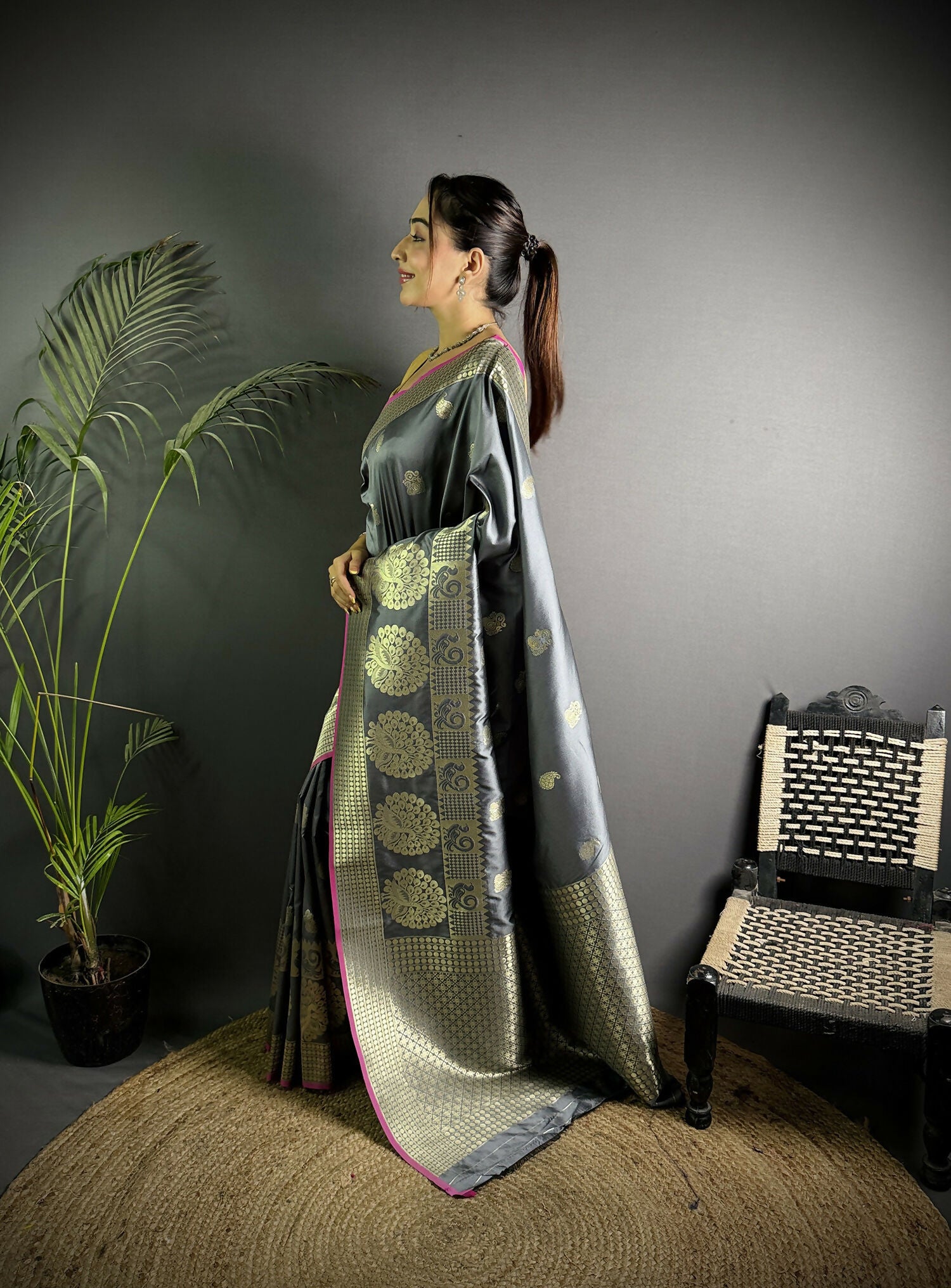 Joban Fashion Dark Grey Banarasi Soft Lichi Silk Paisley Saree