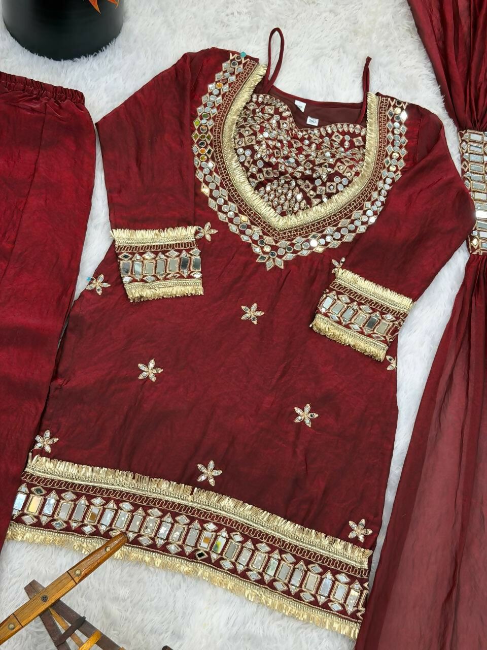 Teeya Creation New Trendy Stylish Real Mirror Work With Lace Border Kurta Set - Dista