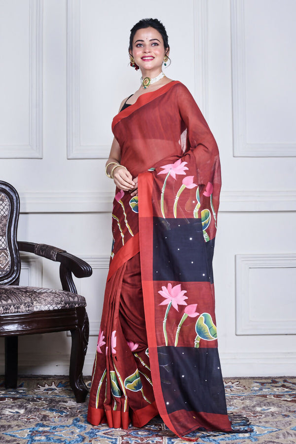 Morchari Multicolour Cotton Handloom Mirror Work Saree Unstitched Blouse