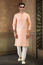 Thumbnail for Raivat Ethnic Jacquard Banarasi Silk Thread Work Kurta Pajama In Peach Colour - Distacart