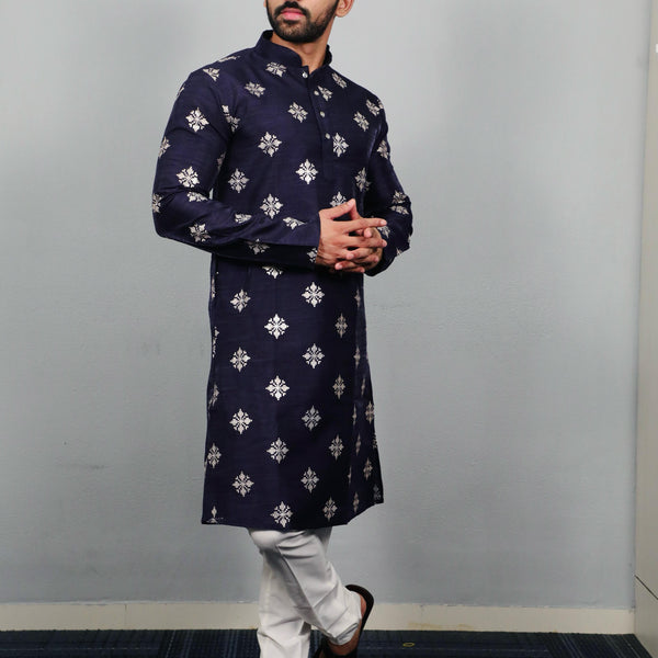 Neera Trendz Navy Blue Soft Parbon Silk Embroidered Men's Kurta Pyjama - Distacart