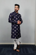 Thumbnail for Neera Trendz Navy Blue Soft Parbon Silk Embroidered Men's Kurta Pyjama - Distacart