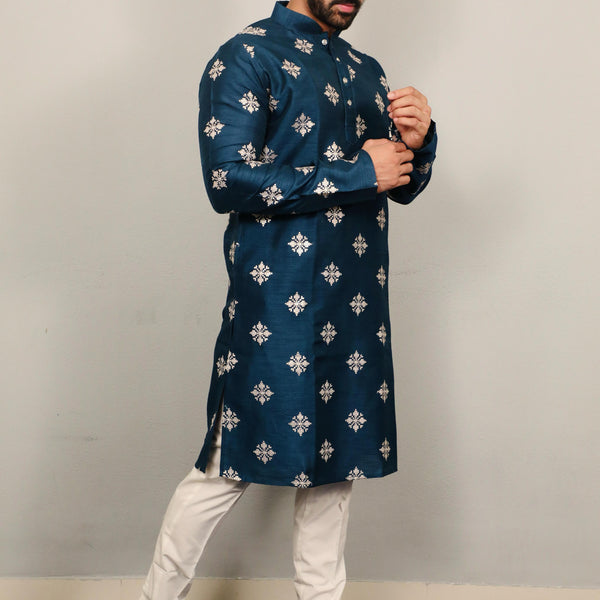 Neera Trendz Teal Soft Parbon Silk Embroidered Men's Kurta Pyjama - Distacart