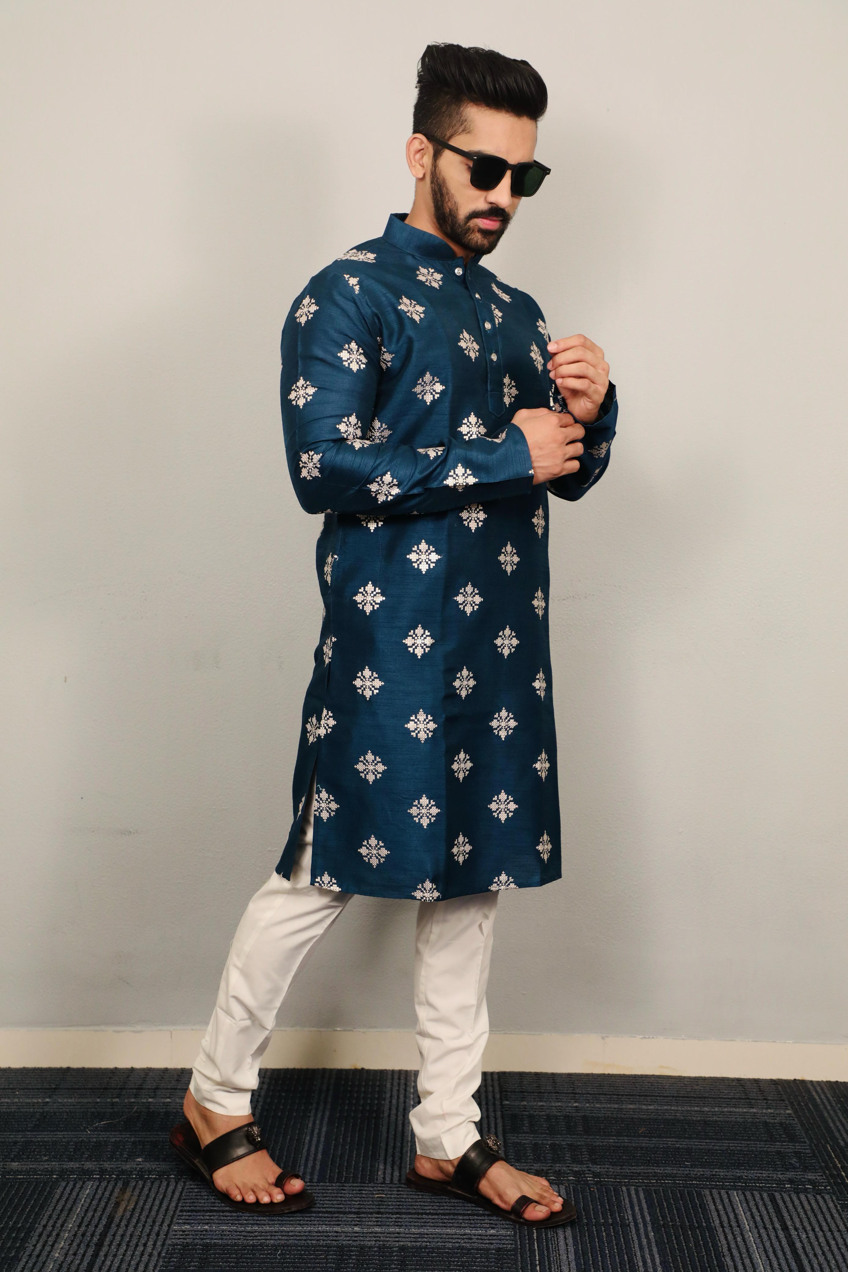 Neera Trendz Teal Soft Parbon Silk Embroidered Men's Kurta Pyjama