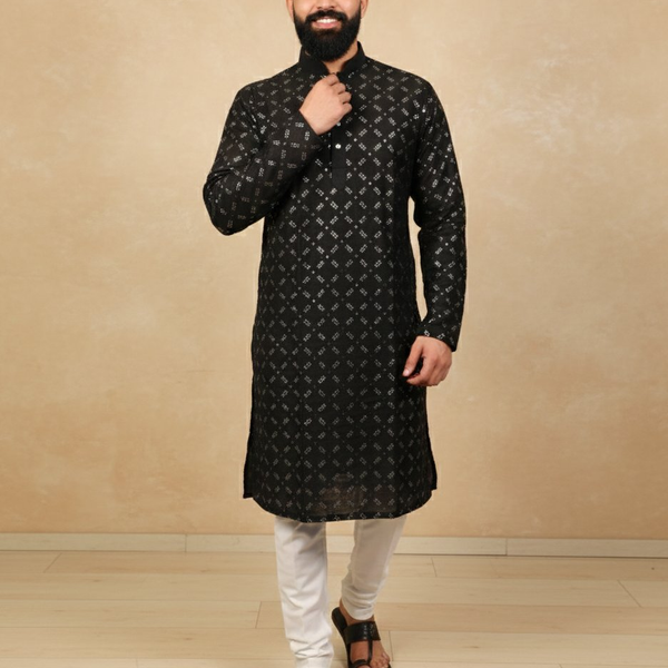 Neera Trendz Black Heavy Soft Silk Mirror Work Men's Kurta Pyjama