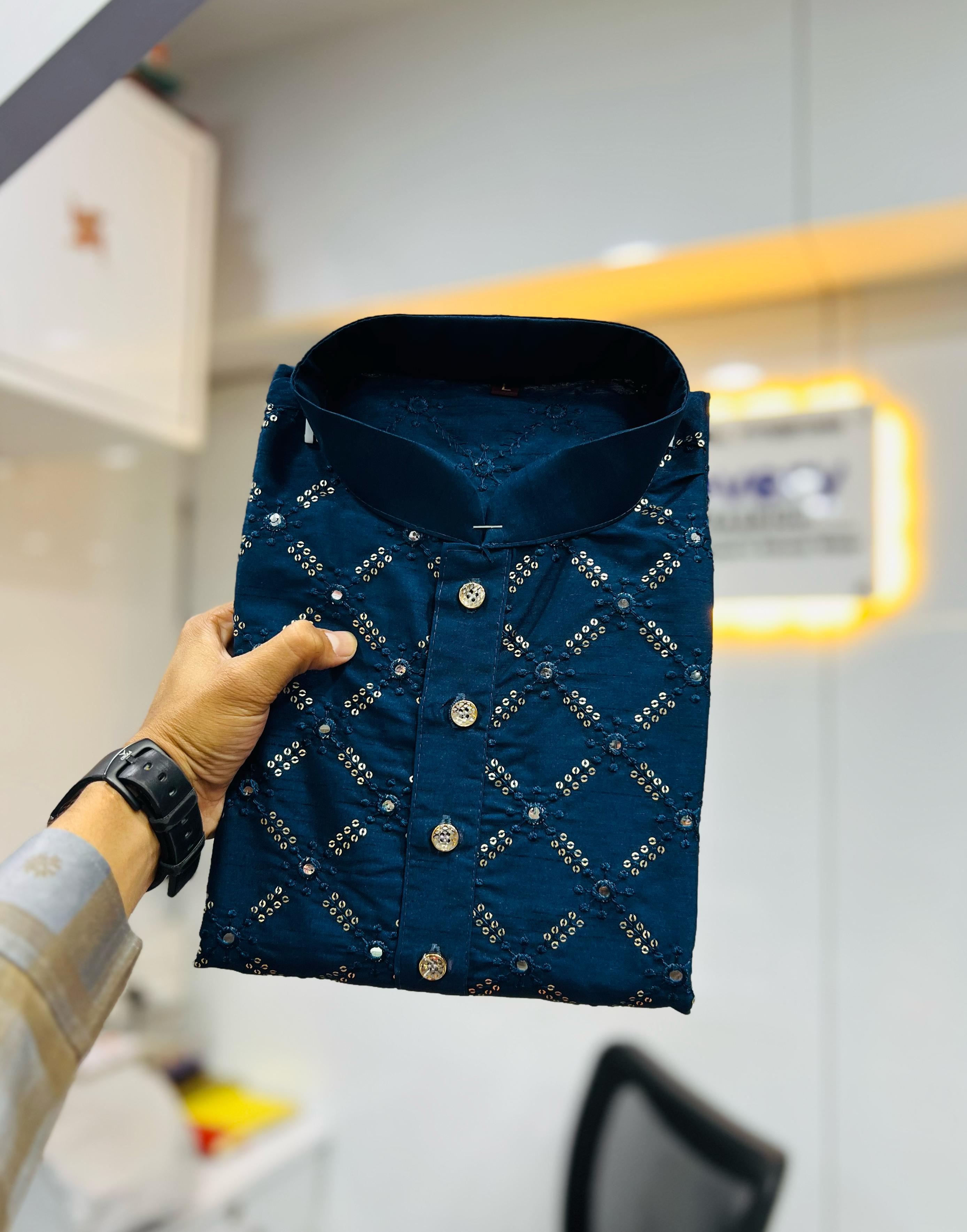 Neera Trendz Navy Blue Heavy Soft Silk Mirror Work Men's Kurta Pyjama - Distacart