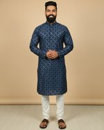 Thumbnail for Neera Trendz Navy Blue Heavy Soft Silk Mirror Work Men's Kurta Pyjama - Distacart