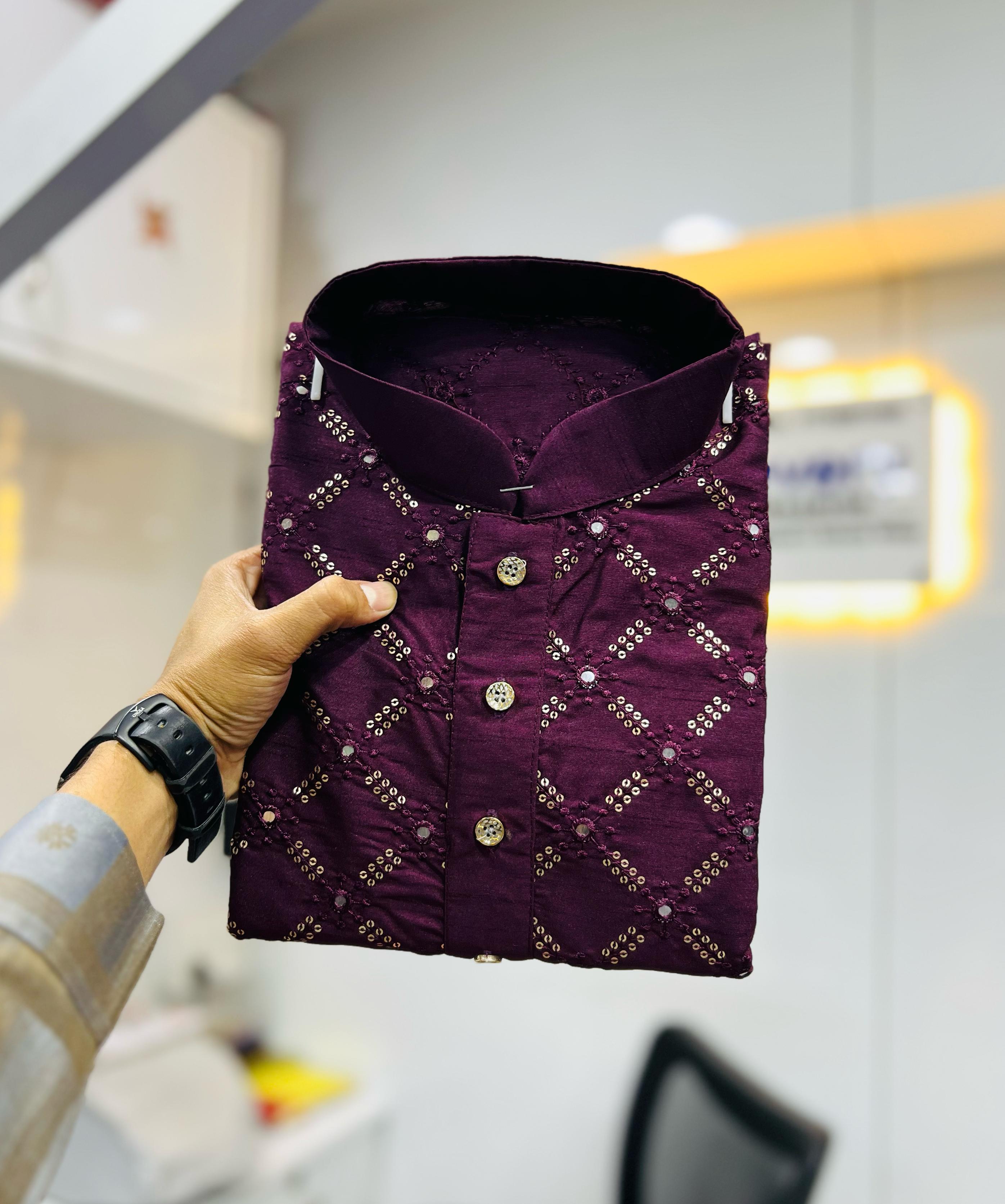 Neera Trendz Wine Heavy Soft Silk Mirror Work Men's Kurta Pyjama - Distacart