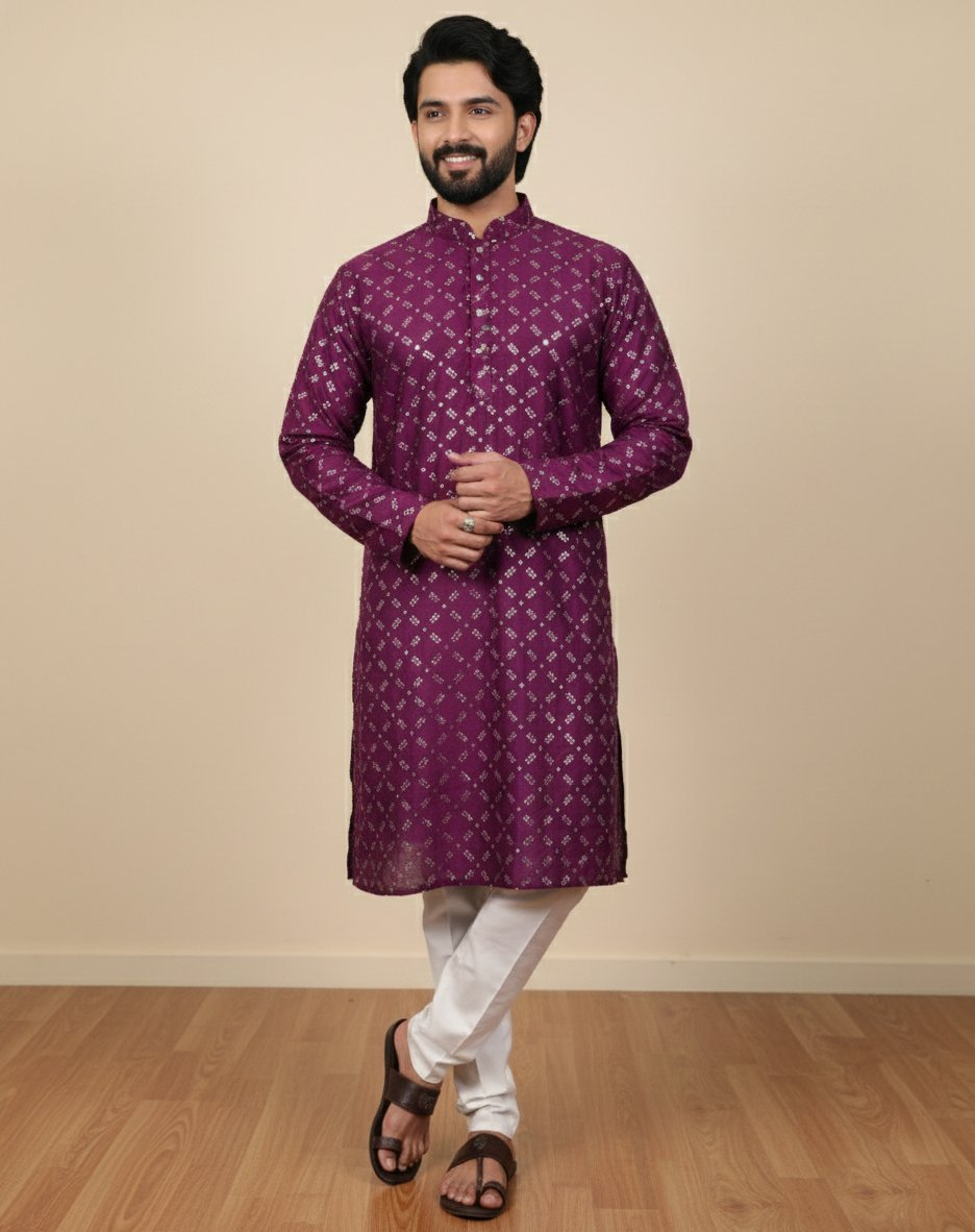 Neera Trendz Wine Heavy Soft Silk Mirror Work Men's Kurta Pyjama - Distacart