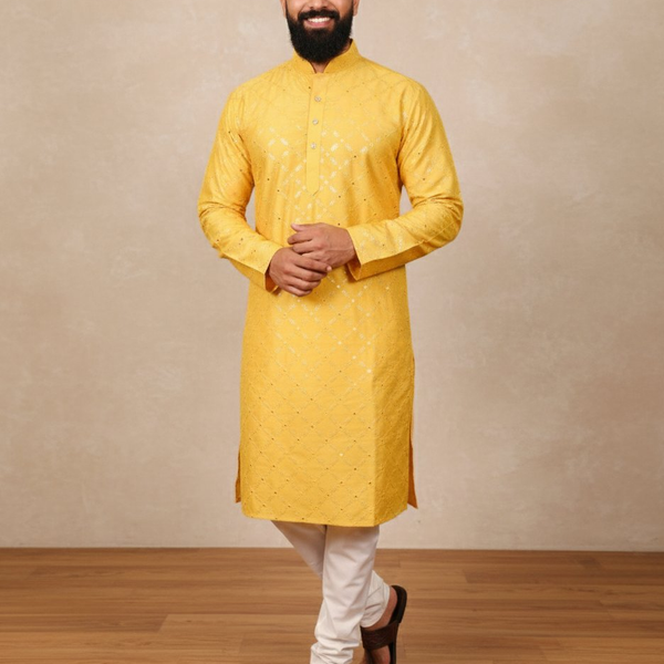 Neera Trendz Yellow Heavy Soft Silk Mirror Work Men's Kurta Pyjama