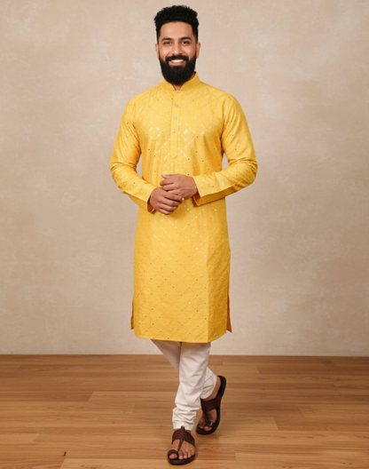 Neera Trendz Yellow Heavy Soft Silk Mirror Work Men's Kurta Pyjama - Distacart