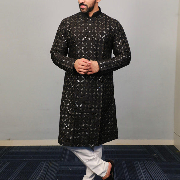 Prazu Fashion Black Silk Sequence Work Kurta With Pajama