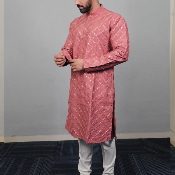 Prazu Fashion Onion Pink Silk Sequence Work Kurta With Pajama