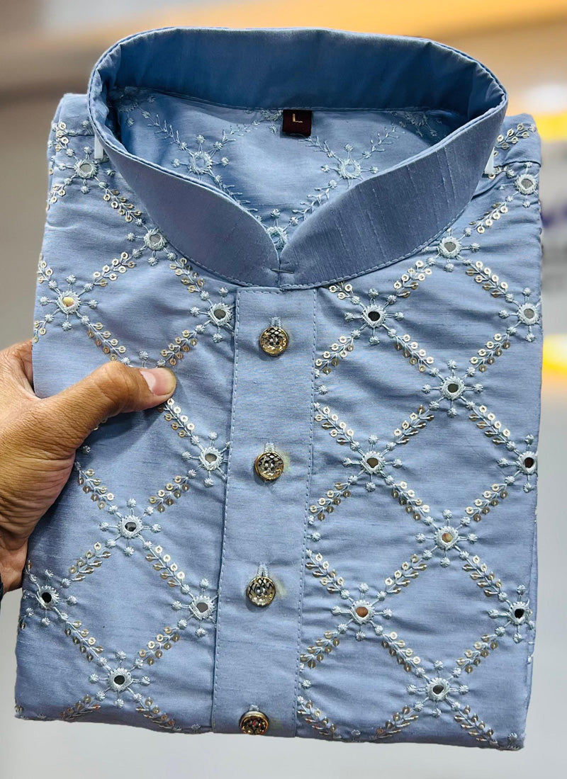 Prazu Fashion Sky Blue Silk Sequence Work Kurta With Pajama