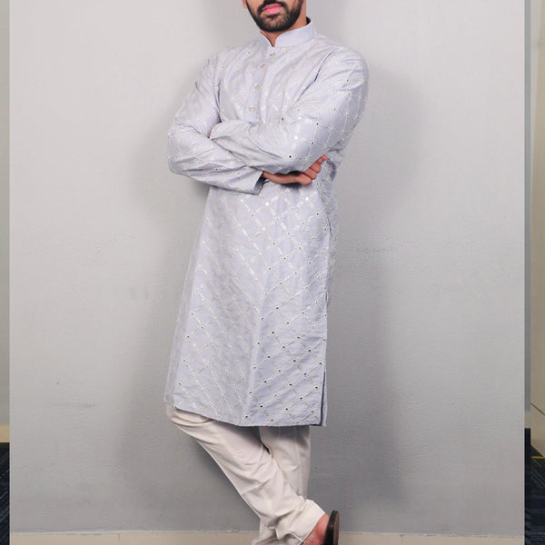 Prazu Fashion Sky Blue Silk Sequence Work Kurta With Pajama