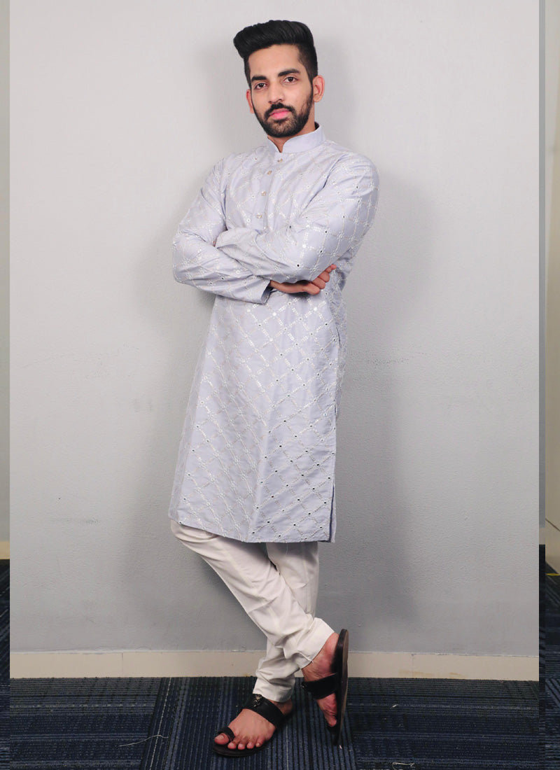 Prazu Fashion Sky Blue Silk Sequence Work Kurta With Pajama - Distacart
