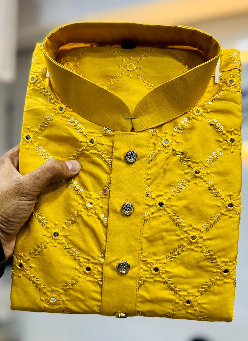 Prazu Fashion Yellow Silk Sequence Work Kurta With Pajama - Distacart