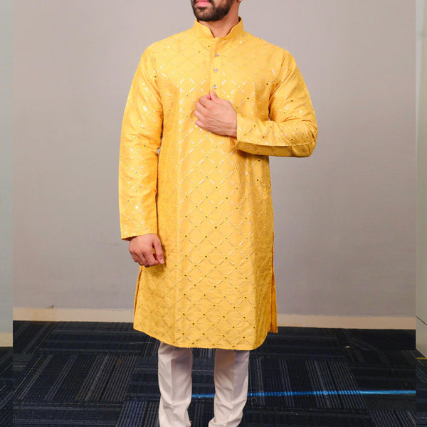Prazu Fashion Yellow Silk Sequence Work Kurta With Pajama
