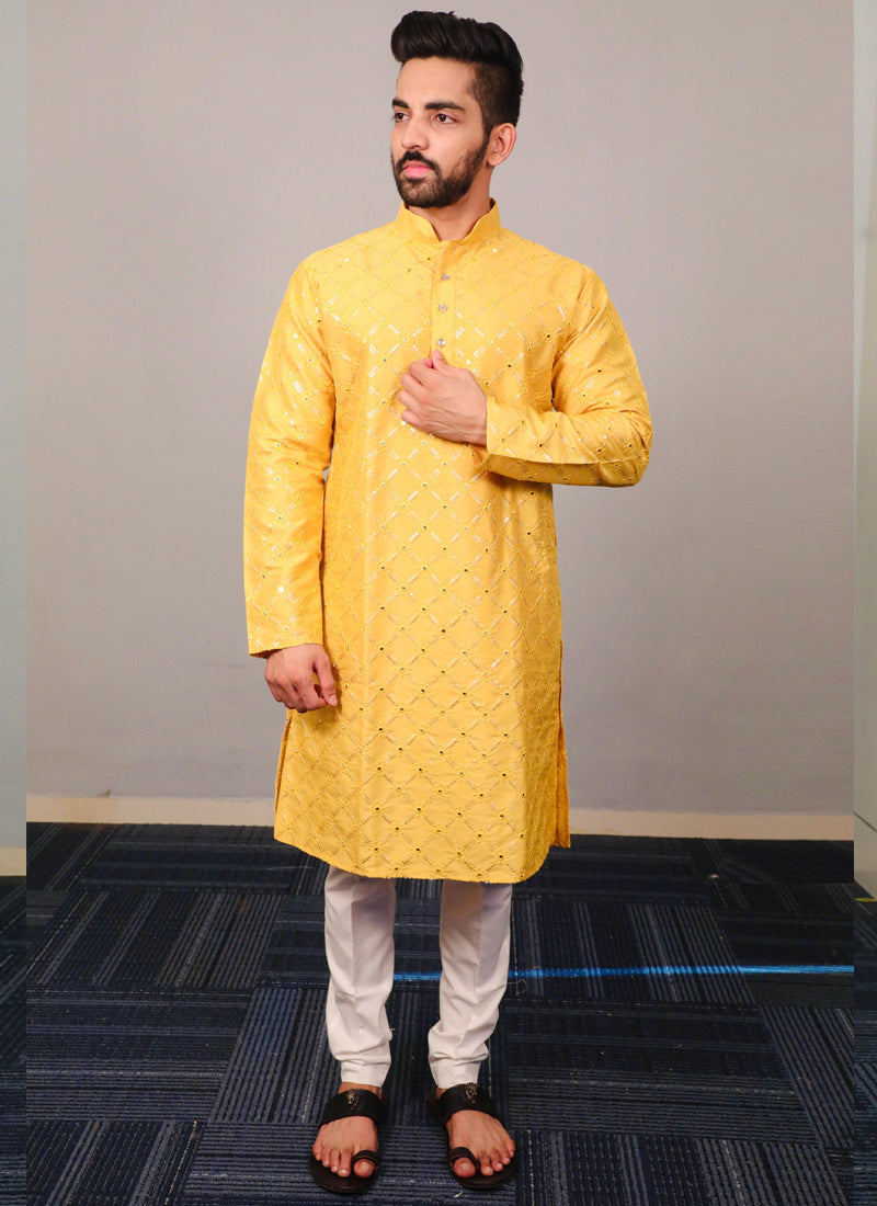 Prazu Fashion Yellow Silk Sequence Work Kurta With Pajama - Distacart