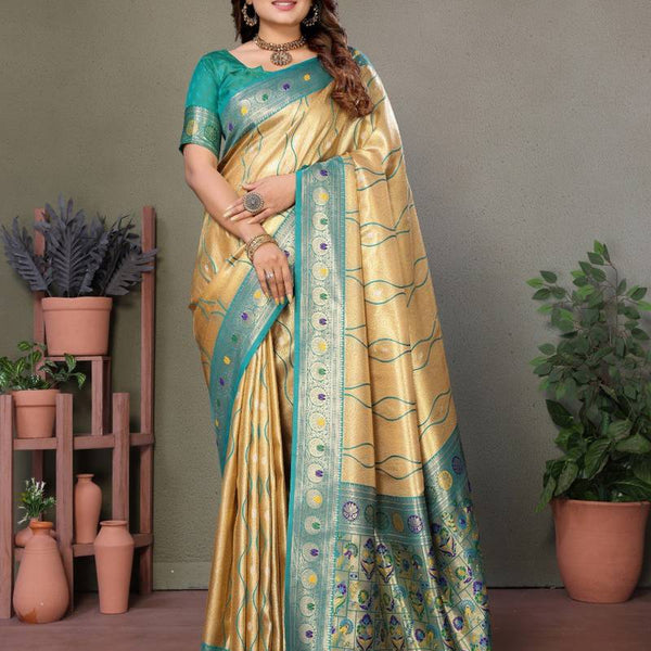 Anaita Golden Tissue Silk With Weaving Saree With Blouse - Distacart