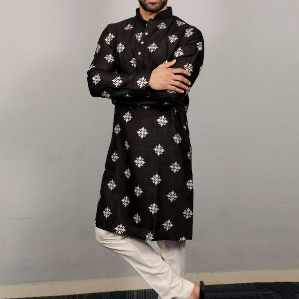 Neera Trendz Black Soft Parbon Silk Embroidered Men's Kurta Pyjama - Distacart