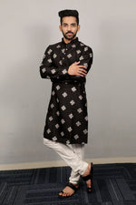 Thumbnail for Neera Trendz Black Soft Parbon Silk Embroidered Men's Kurta Pyjama - Distacart