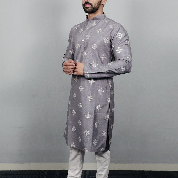 Neera Trendz Grey Soft Parbon Silk Embroidered Men's Kurta Pyjama - Distacart