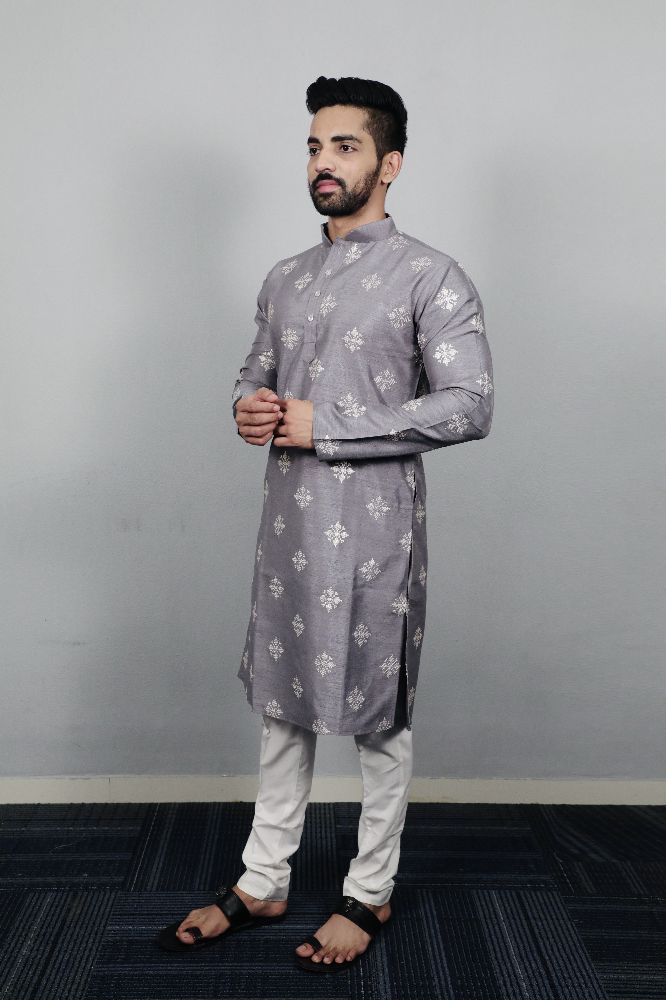 Neera Trendz Grey Soft Parbon Silk Embroidered Men's Kurta Pyjama - Distacart