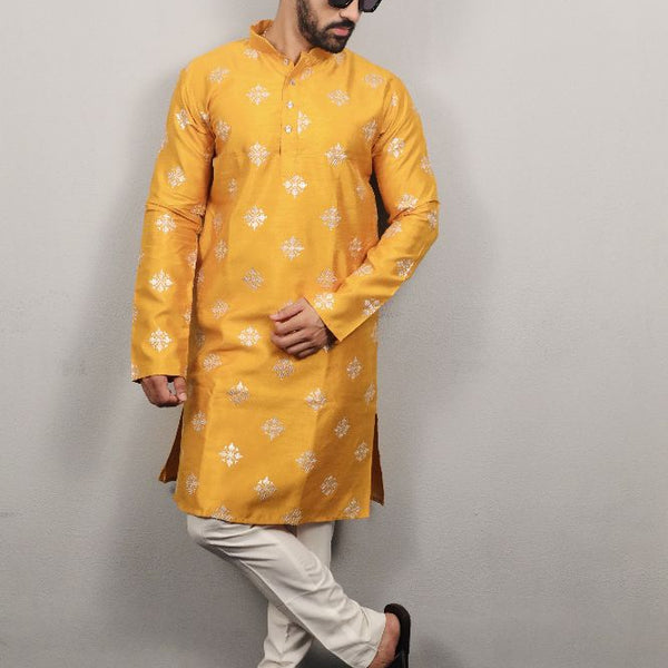 Neera Trendz Mustard Soft Parbon Silk Embroidered Men's Kurta Pyjama - Distacart