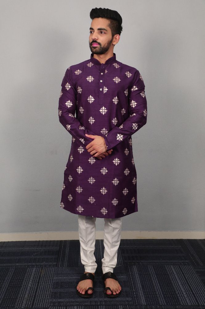 Neera Trendz Violet Soft Parbon Silk Embroidered Men's Kurta Pyjama