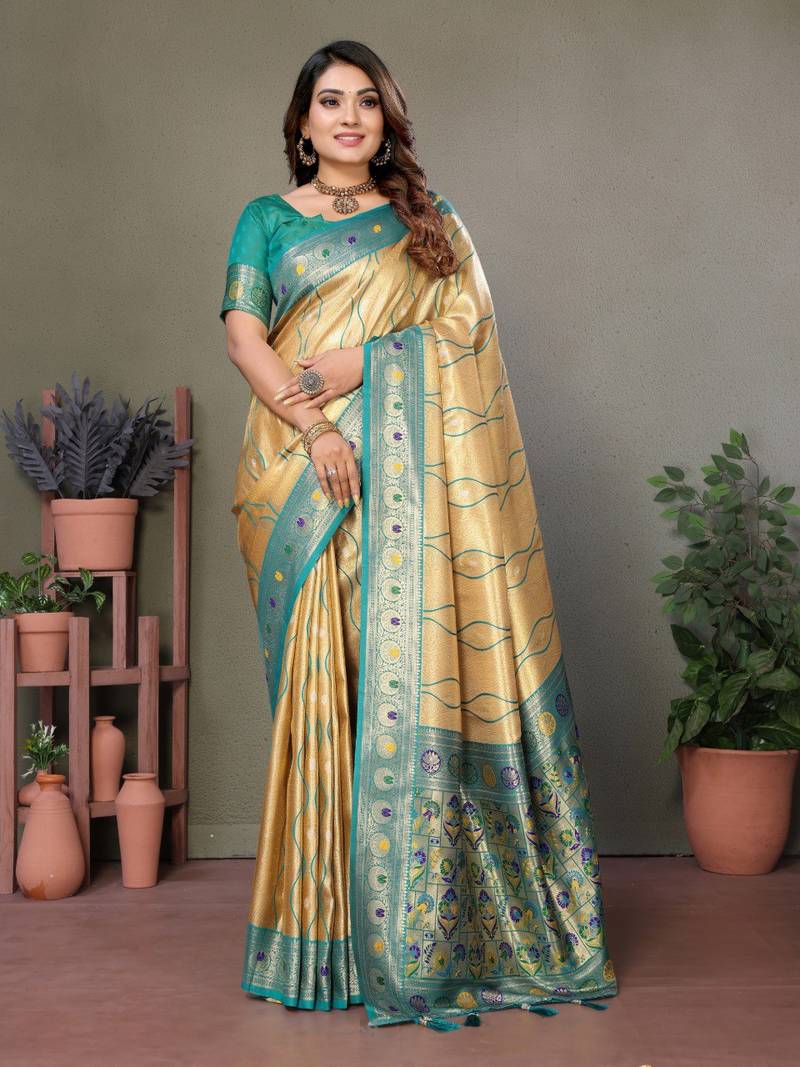 Anaita Golden Tissue Silk With Weaving Saree With Blouse - Distacart