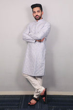 Thumbnail for Neera Trendz Light Mauve Heavy Soft Silk Mirror Work Men's Kurta Pyjama - Distacart
