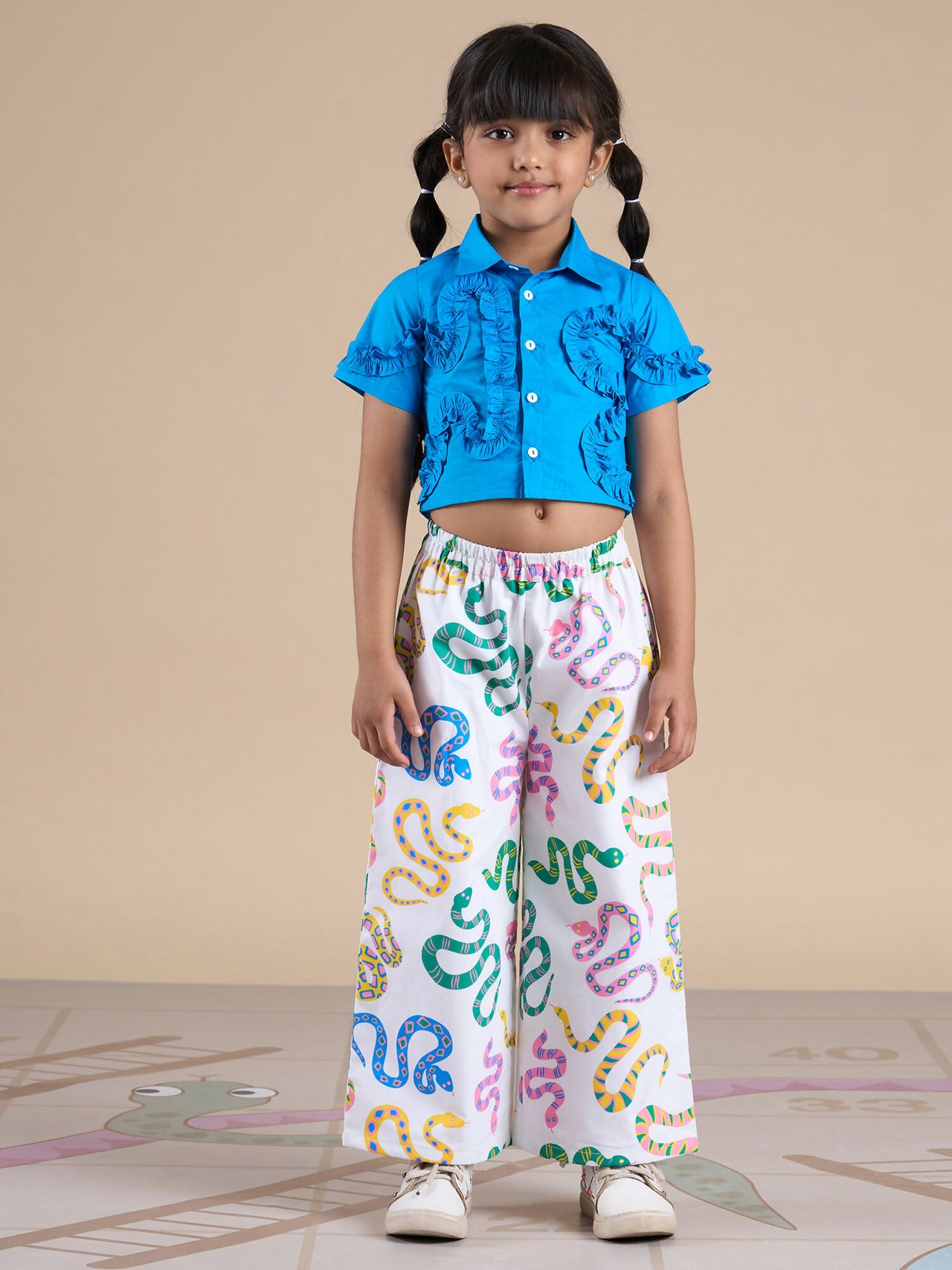 Snakes and Ladders Girls Blue Shirt and Multi Color Snake Print Pant Set from Siblings Collection - Distacart