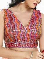 Thumbnail for Joban Fashion Pink Multi Silk Padded Blouse With V Neck Sleeveless - Distacart