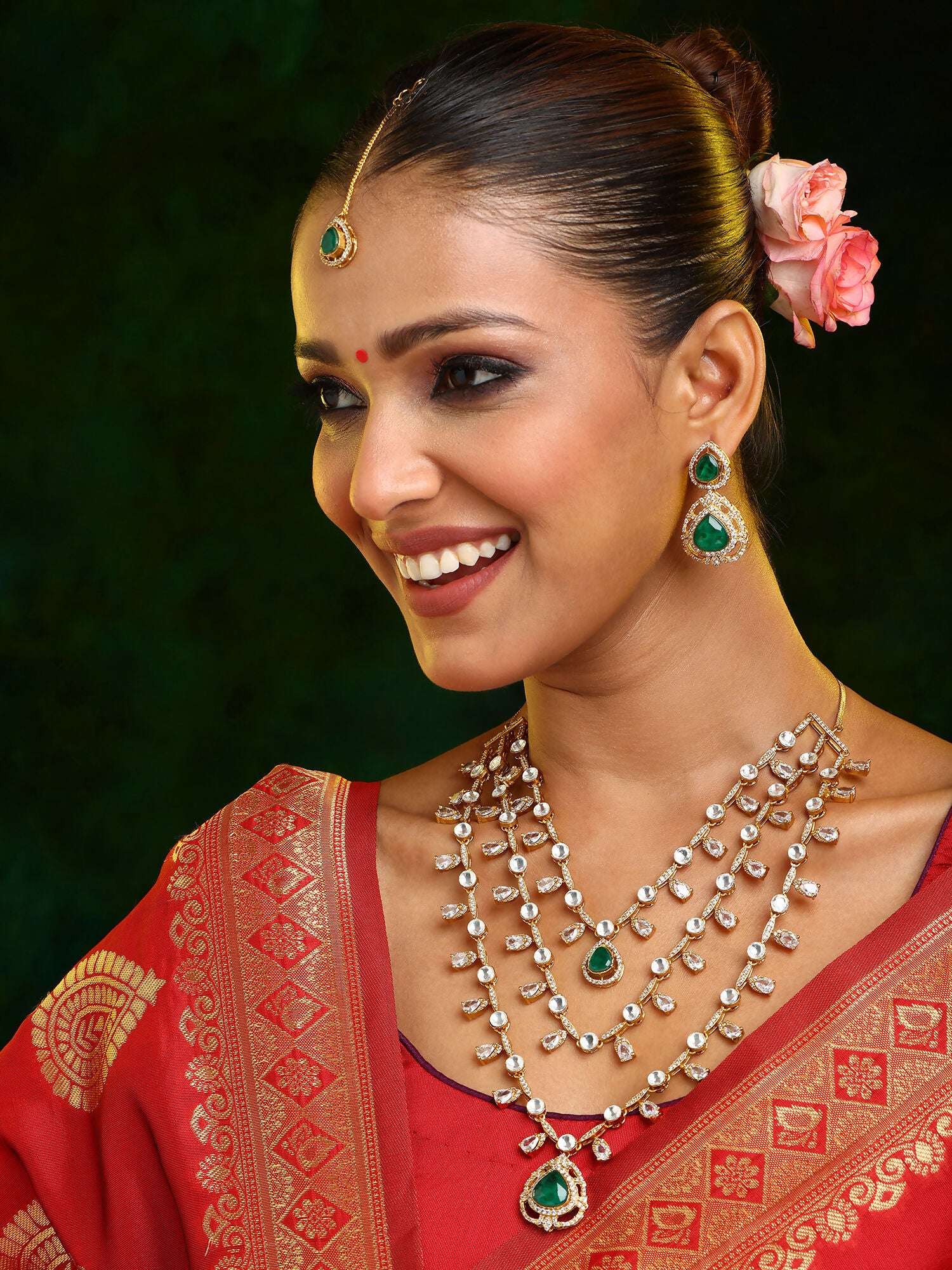 Ruby Raang 22k Gold Polished Layered Kundan And Emerald Necklace With Earrings And Maang Tikka