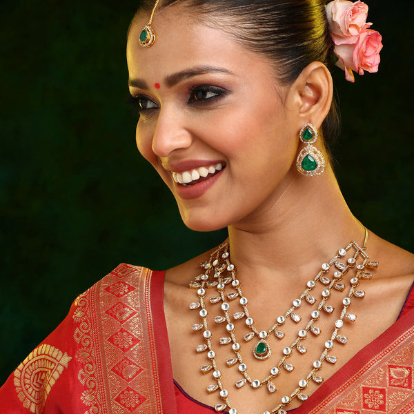 Ruby Raang 22k Gold Polished Layered Kundan And Emerald Necklace With Earrings And Maang Tikka - Distacart