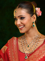 Thumbnail for Ruby Raang 22k Gold Polished Layered Kundan And Emerald Necklace With Earrings And Maang Tikka