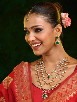 Ruby Raang 22k Gold Polished Layered Kundan And Emerald Necklace With Earrings And Maang Tikka