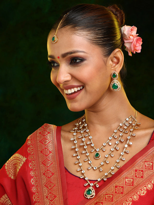 Ruby Raang 22k Gold Polished Layered Kundan And Emerald Necklace With Earrings And Maang Tikka