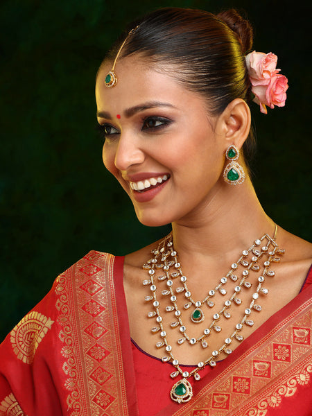 Ruby Raang 22k Gold Polished Layered Kundan And Emerald Necklace With Earrings And Maang Tikka