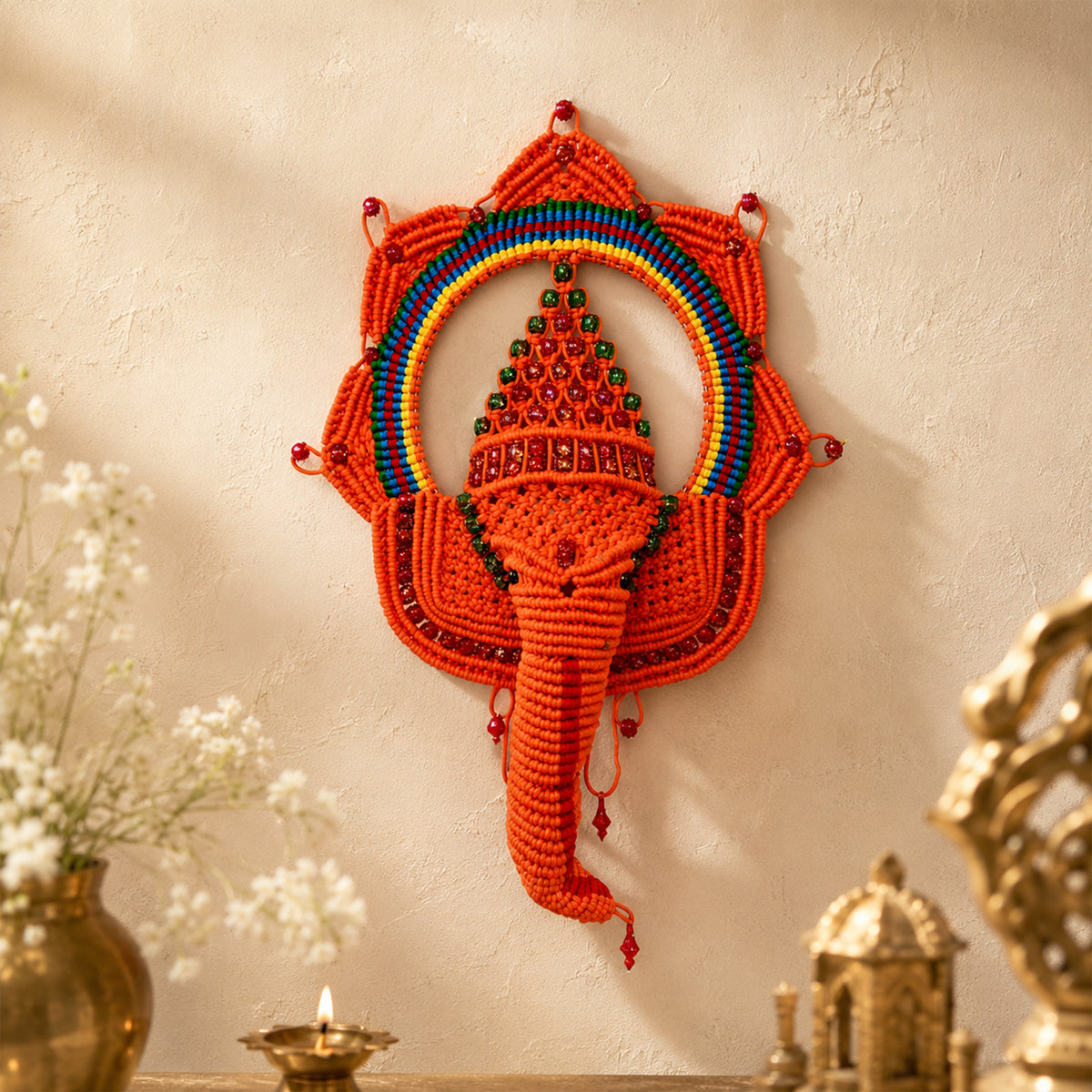 JS Fashion Handcrafted Macrame Lord Ganesha Wall Hanging – Handmade Ganesh Ji Wall for Home & Office Decoration