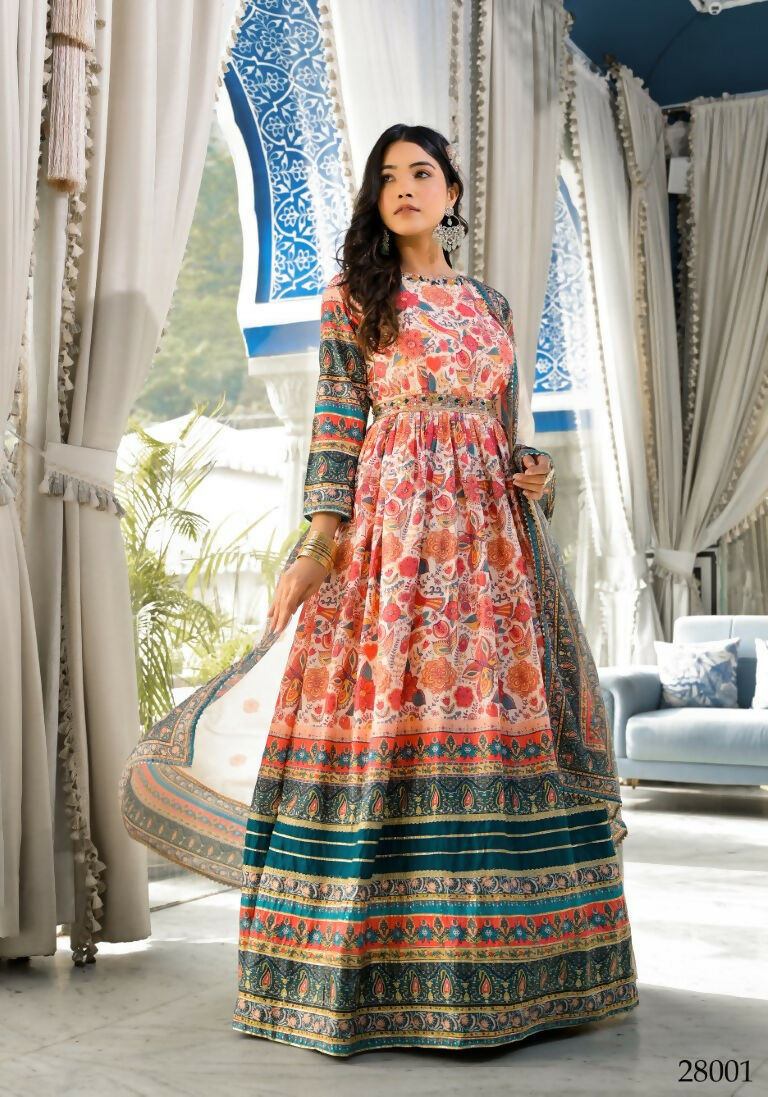 Wedding Designer Multi Soft Dola Silk Anarkali suit with Dupatta - Sanj - Distacart