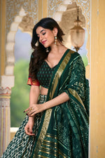 Thumbnail for Vastranavya Designer Ikkat Print With Foil Work Lehenga Choli - Green - Distacart